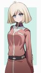  1girl ahoge arms_behind_back bangs belt blonde_hair blue_eyes breasts english_commentary green_background gundam highres long_sleeves looking_at_viewer medium_breasts mobile_suit_gundam nsb36046_(na) sayla_mass short_hair solo uniform upper_body 