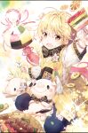  1boy animal_ears blonde_hair blush brown_hair chocolate eating fork gihae_(saibai_shounen) looking_at_viewer male_focus official_art open_mouth pig pig_boy pig_ears rednian saibai_shounen second-party_source short_hair sitting solo utensil wariza 