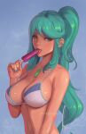  1girl bikini bikini_top_only breasts chest_jewel cleavage food green_eyes green_hair justin_paul large_breasts licking looking_at_viewer nail_polish pneuma_(xenoblade) ponytail popsicle shiny shiny_skin solo sucking swimsuit tongue tongue_out upper_body xenoblade_chronicles_(series) xenoblade_chronicles_2 