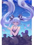  1girl bangs black_dress blue_background blue_eyes blue_hair bubble closed_mouth dress english_commentary fish gradient gradient_background hatsune_miku long_hair looking_at_viewer outdoors outside_border shibaxxu twintails underwater upper_body very_long_hair vocaloid 