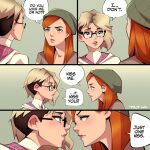  2girls artist_name beanie blonde_hair blue_eyes blush bodysuit ear_blush english_text eye_contact eyebrow_piercing glasses gwen_stacy hat imminent_kiss looking_at_another marvel mary_jane_watson multiple_girls orange_hair parted_lips piercing short_hair spider-gwen spider-man:_into_the_spider-verse spider-man_(series) talt_lo teeth yuri 