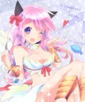  1girl :d animal_ears bangle bangs bikini blush bow bracelet bracer breasts cat_ears cleavage commentary_request eon_(greencastle) feathered_wings feet_out_of_frame fish hair_bow heart jewelry long_hair looking_at_viewer medium_breasts one_eye_closed open_mouth pink_hair purple_eyes ragnarok_online red_bow smile solo swimsuit wanderer_(ragnarok_online) white_bikini white_wings wings 