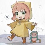  1girl ? anya_(spy_x_family) boots child dango_(uni_520) female_child green_eyes musical_note open_mouth orange_footwear peanut pink_hair rain raincoat raised_eyebrows smile solo spoken_musical_note spy_x_family umbrella walking 