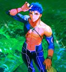  1boy abs baragi blue_hair bracelet crescent_necklace cu_chulainn_(second_ascension)_(fate) detached_sleeves earrings fate/grand_order fate_(series) highres jewelry looking_at_viewer male_focus muscular necklace official_alternate_costume pectorals red_eyes short_hair solo topless_male water wet 