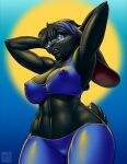  2018 anthro artist_name big_breasts biped black_body black_fur black_hair blue_eyes blue_eyewear blue_glasses bottomwear breasts buckteeth camel_toe clothing eyewear female fur glasses hair hands_behind_head hi_res lagomorph leporid looking_at_viewer low-angle_view mammal max_blackrabbit maxine_blackbunny nipple_outline open_mouth pants pose rabbit solo square_glasses teeth tight_clothing year yoga_pants 