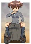  1girl absurdres alisa_(girls_und_panzer) breasts brown_footwear brown_hair commentary_request emblem freckles frown girls_und_panzer grey_jacket grey_legwear ground_vehicle haldeco highres jacket m4_sherman military military_vehicle miniskirt motor_vehicle radio red_skirt saunders_(emblem) saunders_school_uniform school_uniform short_twintails sitting skirt tank tears twintails walkie-talkie wire 