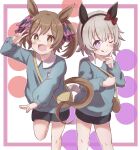  2girls :d ;q animal_ears arm_up bag black_shorts blue_shirt blush border bow brown_eyes brown_hair closed_mouth collared_shirt commentary_request curren_chan_(umamusume) ear_bow feet_out_of_frame grey_hair hair_bow hand_up highres horse_ears horse_girl horse_tail kindergarten_bag kindergarten_uniform long_sleeves looking_at_viewer multiple_girls one_eye_closed pink_border pink_bow puffy_long_sleeves puffy_sleeves purple_bow purple_eyes red_bow shirt short_shorts shorts shoulder_bag smart_falcon_(umamusume) smile standing standing_on_one_leg sunanuko_(ramuneko) tail tongue tongue_out twintails umamusume v white_background 