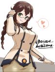  1girl asava_(hutaitenn) bangs bespectacled braid breasts brown_hair brown_shirt brown_skirt buttons cosplay cowboy_shot double-breasted glasses green_eyes highres kantai_collection katori_(kancolle) katori_(kancolle)_(cosplay) large_breasts long_hair long_sleeves looking_at_viewer military military_uniform noshiro_(kancolle) pencil_skirt shirt simple_background skirt smile solo swept_bangs twin_braids twitter_username uniform white_background 