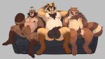  anthro balls belly big_balls blush canid canine casual_nudity chest_tuft claws eyewear flaccid foreskin furniture genitals glasses group hi_res huge_balls leaf male male/male mammal musclegut nipples nude pecs penis raccoon_dog roseonapot scar slightly_chubby sofa tanuki trio tuft 