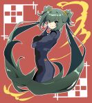  1girl arm_under_breasts bangs blush breasts bright_pupils cui_yifei finger_to_cheek fortified_suit green_eyes heart highres kamon_rider long_hair medium_breasts muvluv muvluv_alternative muvluv_total_eclipse pilot_suit red_background solo speech_bubble spoken_heart twintails v-shaped_eyebrows very_long_hair white_pupils 
