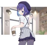  1girl beret black_bow blue_eyes blue_hair blurry blurry_background bow brick_wall ceiling_light coffee_cup cup disposable_cup dress_shirt english_text frilled_skirt frills from_behind fuiba_fuyu gochuumon_wa_usagi_desu_ka? grey_apron hair_ornament hairclip hat highres holding holding_cup holding_marker looking_at_viewer looking_back marker medium_hair mohei nyan_cat open_mouth pantyhose plant pleated_skirt shelf shirt short_sleeves sidelocks sign skirt suspender_skirt suspenders uniform white_shirt window 