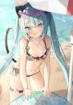  1girl :o animal_ear_fluff animal_ears bangs beach beach_umbrella bikini blue_eyes blue_hair blue_nails breasts cat_ears cat_girl cat_tail collarbone commentary_request day fang front-tie_bikini front-tie_top grey_bikini hair_between_eyes highres innertube jewelry long_hair looking_at_viewer nail_polish navel necklace original outdoors parted_lips pearl_necklace pendant plaid plaid_bikini saeki_sora sand small_breasts solo swimsuit tail transparent twintails umbrella very_long_hair water 