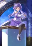  1girl bare_shoulders black_legwear chahei cloud commentary_request cone_hair_bun frilled_skirt frills genshin_impact hair_bun high_heels highres keqing_(genshin_impact) long_hair long_sleeves night night_sky off_shoulder pantyhose pleated_skirt puffy_long_sleeves puffy_sleeves purple_hair purple_skirt ribbon-trimmed_skirt ribbon_trim shirt shoes sitting skirt sky sleeves_past_wrists solo star_(sky) starry_sky twintails very_long_hair white_footwear white_shirt 