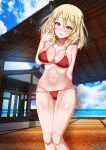  1girl aquaegg beach bikini blonde_hair blue_eyes blush breasts cleavage collarbone eyebrows_behind_hair girls_und_panzer highres large_breasts navel ocean open_mouth oshida_(girls_und_panzer) outdoors red_bikini shiny shiny_hair shiny_skin short_hair sky smile solo swimsuit 