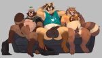  anthro balls belly big_balls blush bottomless canid canine casual_nudity clothed clothing eyewear foreskin furniture genitals glasses group hi_res huge_balls male male/male mammal nipples pants_around_one_leg pecs penis raccoon_dog raised_clothing raised_shirt raised_topwear roseonapot scar shirt slightly_chubby sofa tanuki topwear trio 