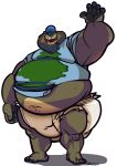  anthro belly big_belly black_nose brickoven brown_body brown_fur clothing diaper fur gesture hat headgear headwear hi_res male mammal mature_male open_mouth overweight overweight_male solo ursid waving 