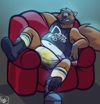  anthro belly big_belly black_nose brickoven brown_body brown_fur canid canine chair clothing diaper drunk feces footwear fox fur furniture hi_res male mammal messy_diaper overweight overweight_male scat shoes sitting socks soiling solo substance_intoxication 