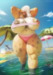  anthro beach big_breasts breasts camel_toe dreamingnixy female hi_res huge_breasts hyaenid mammal mature_female seaside silver_(ezukapizumu) spotted_hyena thick_thighs umbrella 