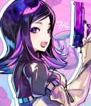  1girl absurdres amano_maya black_hair black_nails breasts brown_shirt from_side gun handgun highres hourglass kasumi_koujou looking_to_the_side medium_breasts open_mouth persona persona_2 purple_eyes shirt short_hair smile solo trigger_discipline weapon 