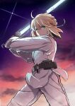  1girl absurdres ahoge artoria_pendragon_(fate) bangs blonde_hair breasts closed_mouth commentary cosplay energy_sword fate/stay_night fate_(series) green_eyes highres hisato_nago jedi lightsaber long_sleeves looking_at_viewer luke_skywalker luke_skywalker_(cosplay) saber science_fiction solo star_wars sword weapon 