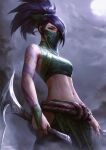  1girl akali bangs black_hair breasts cheesewoo cloud green_eyes green_mask green_ribbon hair_ribbon highres holding holding_weapon league_of_legends long_hair mask medium_breasts mouth_mask navel night outdoors ribbon rope_belt shiny shiny_hair solo stomach weapon 