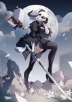  1girl black_blindfold black_dress black_hairband blindfold boots breasts cleavage_cutout clothing_cutout dress english_commentary gloves hairband high_heels highres juliet_sleeves long_sleeves medium_breasts moon nier_(series) nier_automata pod_(nier_automata) puffy_sleeves saiivia short_hair sword thigh_boots thighhighs weapon white_hair yorha_no._2_type_b 