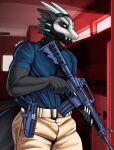  absurd_res anthro artofthediscipline balaclava clothing dragon gun handgun hi_res holding_object holding_weapon looking_at_viewer male mask pistol ranged_weapon rifle solo tight_clothing weapon 