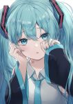  1girl ashika_(yftcc948) bangs blue_eyes blue_hair blue_nails blue_necktie collarbone commentary hatsune_miku highres long_hair looking_at_viewer necktie number_tattoo open_mouth simple_background solo tattoo twintails upper_body vocaloid white_background 