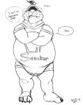  anthro belly big_belly brickoven clothing crossed_arms dialogue diaper diaper_under_clothing embarrassed hat headgear headwear hi_res humiliation infantilism male mammal mature_male onesie overweight overweight_male solo ursid 