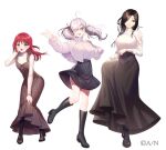  3girls asahina_akane_(nijisanji) black_footwear black_skirt blue_eyes blush breasts brown_hair grey_hair hair_ornament hair_over_one_eye hairclip large_breasts long_hair long_skirt long_sleeves looking_at_viewer multiple_girls nijisanji official_alternate_costume official_art open_mouth pink_eyes puffy_long_sleeves puffy_sleeves red_eyes red_hair shirayuki_tomoe simple_background skirt smile standing standing_on_one_leg sukoya_kana tsukimoto_aoi twintails white_background x_hair_ornament 