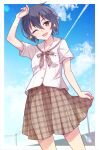  1girl ;d arm_up bangs black_hair blue_sky blush bow brown_bow brown_eyes brown_skirt cloud commentary_request contrail day e20 hair_between_eyes highres looking_at_viewer mizuno_ai one_eye_closed plaid plaid_bow plaid_skirt pleated_skirt power_lines sailor_collar school_uniform serafuku shirt skirt sky smile solo utility_pole white_sailor_collar white_shirt zombie_land_saga 