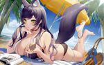  1girl animal_ear_fluff animal_ears ass bangs bare_arms bare_shoulders barefoot beach beach_mat bikini black_choker black_hair book breasts choker cleavage cup day drinking_glass fox_ears fox_girl fox_tail green_eyes head_rest highres holding ihachisu large_breasts long_hair looking_at_viewer lying meridian_project mole mole_on_breast nail_polish on_stomach outdoors parted_lips seki_(vtuber) solo string_bikini sunlight swept_bangs swimsuit tail the_pose thigh_strap thighs two-tone_bikini virtual_youtuber wine_glass 