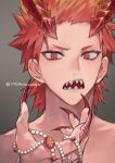  1boy absurdres boku_no_hero_academia fingernails hair_ornament highres holding holding_jewelry jewelry jewelry_removed kirishima_eijirou looking_at_viewer male_focus misa_(jjin_miryeon) open_mouth red_eyes red_hair red_nails sharp_fingernails sharp_teeth solo spiked_hair teeth twitter_username 