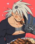  1boy abs blush bodysuit closed_eyes curry eating food jinkichi kyuuketsuki_sugu_shinu long_hair male_focus muscular muscular_male nail_hair_ornament pectoral_cleavage pectorals ponytail prosthesis prosthetic_arm red_background satetsu_(kyuuketsuki_sugu_shinu) scar scar_on_face solo spiked_hair spread_legs 