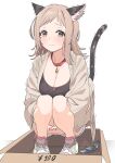  1girl absurdres animal_ear_fluff animal_ears bare_legs black_shirt blush box breasts canned_tuna cardboard_box cat_ears cat_girl cat_tail cleavage dorontabi extra_ears for_adoption hands_under_legs highres idolmaster idolmaster_shiny_colors leather_choker looking_at_viewer medium_breasts own_hands_together sakuragi_mano shirt shoes shorts simple_background sneakers solo squatting stole tail tearing_up trembling 