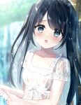  1girl :o against_tree bangs black_hair blue_eyes blurry blurry_background blush breasts collarbone dress hair_between_eyes highres long_hair looking_at_viewer open_mouth original outdoors see-through see-through_dress shiny shiny_hair small_breasts solo sundress tears tree twintails very_long_hair wet wet_clothes wet_dress white_dress wringing_clothes yomogi_komegura 