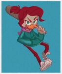  2022 4_fingers anatid anseriform anthro avian baseball_bat bat_(object) beak bird blue_background clothed clothing disney duck ducktales ducktales_(2017) female fingers footwear fully_clothed gosalyn_waddlemeyer green_eyes hair hi_res holding_baseball_bat holding_object hoodie looking_at_viewer miyakoriee ponytail red_hair shoes simple_background solo topwear young 