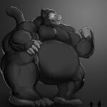  anthro dragon_ball dragon_ball_z glowing glowing_eyes greyscale male mammal monochrome musclegut oozaru open_mouth overweight overweight_male primate saiyan simple_background solo vhyena 