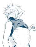  1boy asymmetrical_hair bandaid bandaids_on_nipples bangs bare_arms blush cloud_strife disembodied_limb earrings final_fantasy final_fantasy_vii final_fantasy_vii_remake greyscale hair_between_eyes hair_over_one_eye highres jewelry looking_to_the_side male_focus monochrome mouth_hold nipples parted_bangs pasties pectorals pinching rukashio shirt_in_mouth shirt_life short_hair single_earring sleeveless sleeveless_turtleneck spiked_hair sweat sweatdrop turtleneck tweezers upper_body white_background 