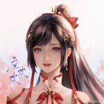  1girl blue_eyes brown_hair earrings face floral_background hair_ornament hair_ribbon highres jewelry long_hair looking_at_viewer ponytail ribbon smile solo teeth wu_dong_qian_kun ying_huanhuan_(wu_dong_qian_kun) ying_huanhuan_zhuye 