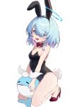  1girl :d absurdres animal_ears arona_(blue_archive) ayaha_4780828 blue_archive blue_eyes blue_hair bow bowtie braid hair_over_one_eye halo high_heels highres looking_at_viewer playboy_bunny rabbit_ears rabbit_tail red_bow red_bowtie red_footwear short_hair single_braid smile solo tail whale white_bow 