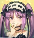  1girl bangs bare_shoulders boa_(brianoa) breasts collarbone dress euryale_(fate) fate/hollow_ataraxia fate_(series) frilled_hairband frills grin hairband highres long_hair looking_at_viewer parted_bangs purple_eyes purple_hair sidelocks small_breasts smile solo twintails very_long_hair white_dress 