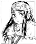  1girl ainu ainu_clothes asirpa bandana black_hair blush earrings fur_collar golden_kamuy greyscale hoop_earrings jewelry long_hair looking_away monochrome solo upper_body vasamiso 