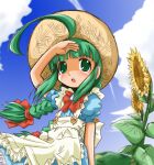  1girl :o ahoge apron back_bow blunt_ends blush bow braid buttons cloud flower frilled_apron frills green_eyes green_hair hair_ribbon hand_up hat long_hair me-tan neck_ribbon open_mouth os-tan outdoors puffy_short_sleeves puffy_sleeves ribbon shaded_face shading_eyes short_sleeves sky solo straw_hat summer sun_hat sunflower tachikawa twin_braids very_long_hair wind 