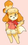  3_toes 4_fingers accessory animal_crossing anthro artist_name bottomwear breasts canid canine canis clothed clothing digital_media_(artwork) domestic_dog feet female fingers fur gesture hair hair_accessory hand_on_hip hi_res isabelle_(animal_crossing) looking_at_viewer mammal nintendo one_eye_closed red_clothing red_shirt red_topwear shih_tzu shirt shorts simple_background smile solo standing toes topwear toy_dog tyso_art video_games waving waving_at_viewer wink yellow_body yellow_fur 