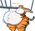  anthro bdsm belly big_belly big_breasts bondage bound breasts conveyor_belt dreamworks feeding felid female food fur kung_fu_panda mammal master_tigress mizz-britt orange_body orange_fur overweight pantherine solo thick_thighs thighs tiger weight_gain 