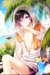  1boy beach black_hair blue_sky cloud cloudy_sky hood hoodie long_sleeves male_focus marking_on_cheek multicolored_hair myoya ocean open_mouth parted_lips pia_(saibai_shounen) purple_eyes purple_hair saibai_shounen short_hair short_shorts shorts sitting sky solo swimsuit 