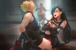  1girl 2boys armor bandana black_hair black_legwear blonde_hair blush bracelet breasts caught clothes_lift cloud_strife couple covering covering_breasts detached_sleeves earrings embarrassed final_fantasy final_fantasy_vii final_fantasy_vii_remake fingerless_gloves gloves hetero indoors jewelry large_breasts long_hair looking_at_another midriff multiple_boys navel open_mouth red_bandana red_eyes red_footwear shirt shirt_lift shorts shoulder_armor sitting skirt sleeveless sleeveless_turtleneck spiked_hair spykeee standing surprised suspender_skirt suspenders thighhighs tifa_lockhart turtleneck twitter_username walk-in watermark wedge_(ff7) zettai_ryouiki 