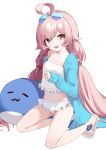  1girl absurdres ahoge ayaha_4780828 bikini blue_archive blue_eyes blue_jacket eyewear_on_head frilled_bikini frills hair_bobbles hair_ornament heterochromia highres hoshino_(blue_archive) hoshino_(swimsuit)_(blue_archive) inflatable_toy jacket long_hair long_sleeves looking_at_viewer low_twintails navel pink_hair sandals simple_background smile solo swimsuit twintails very_long_hair white_background white_bikini 