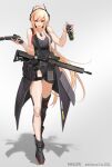  1girl absurdres alternate_costume artist_name assault_rifle asymmetrical_footwear bangs black_dress black_footwear blonde_hair breasts character_name cleavage collarbone dated dress explosive fangs full_body girls&#039;_frontline grenade gun handgun headphones highres holding holding_gun holding_weapon jewelry legs long_hair looking_at_viewer m4_sopmod_ii m4_sopmod_ii_(girls&#039;_frontline) mechanical_legs medallion medium_breasts multicolored_hair nail_polish necklace open_mouth pink_nails red_eyes rifle shadow single_mechanical_leg smile solo ss-7 standing streaked_hair very_long_hair weapon white_background 